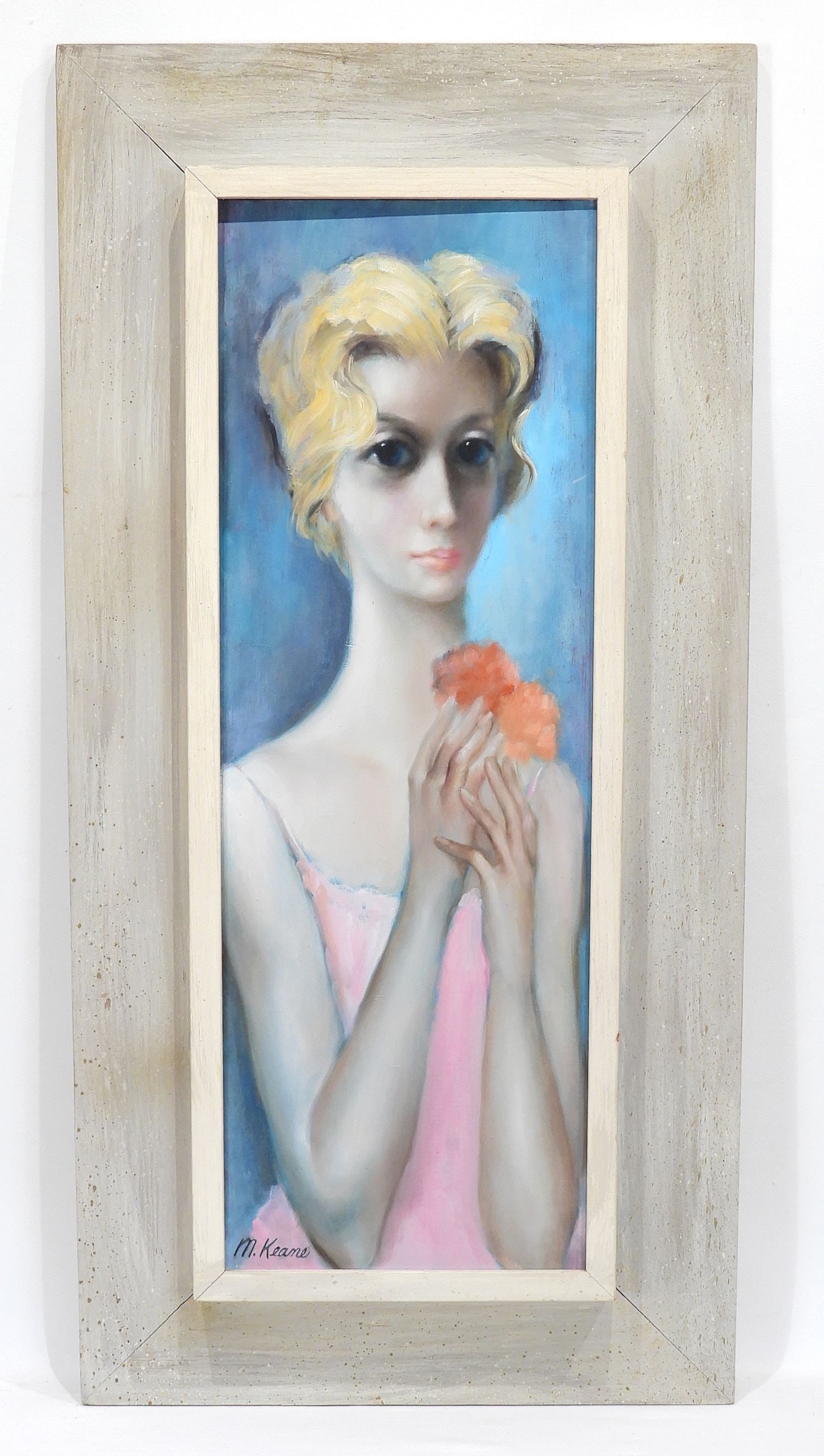 Oil on Linen signed M. (Margaret) Keane, 28 x 10" "Woman Clutching Bouquet". (1 of 8)