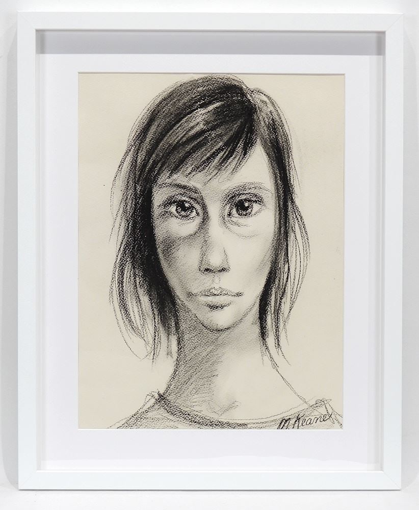 Charcoal on Paper signed M. (Margaret) Keane, 15 1/2 x 11 1/2" "Portrait of Young Woman".: Charcoal on Paper signed M. (Margaret) Keane, 15 1/2 x 11 1/2" "Portrait of Young Woman".