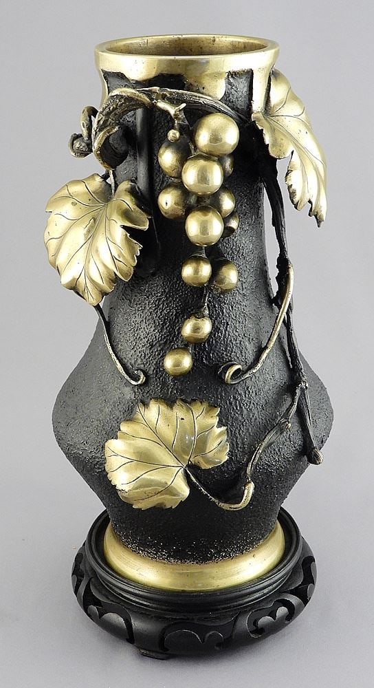 Meiji Japanese Bronze "Fruiting Bough" Vase, signed, 10"h, 2400g, w/Stand. (1 of 6)