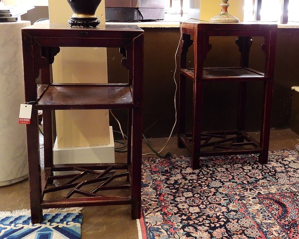 Two Chinese Side Tables w/Fretwork Tiers, 30"h (as found). (1 of 4)