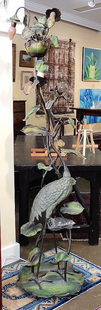 Art Nouveau Cold Painted Metal Heron Floor Lamp, 72"h. (1 of 4)