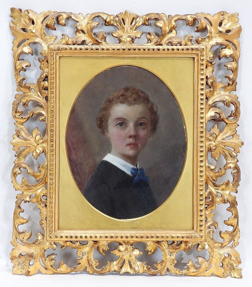19th C. Oil Portrait of a Youth, 9 x 7" w/Florentine Frame, 16 x 13 3/4". (1 of 2)