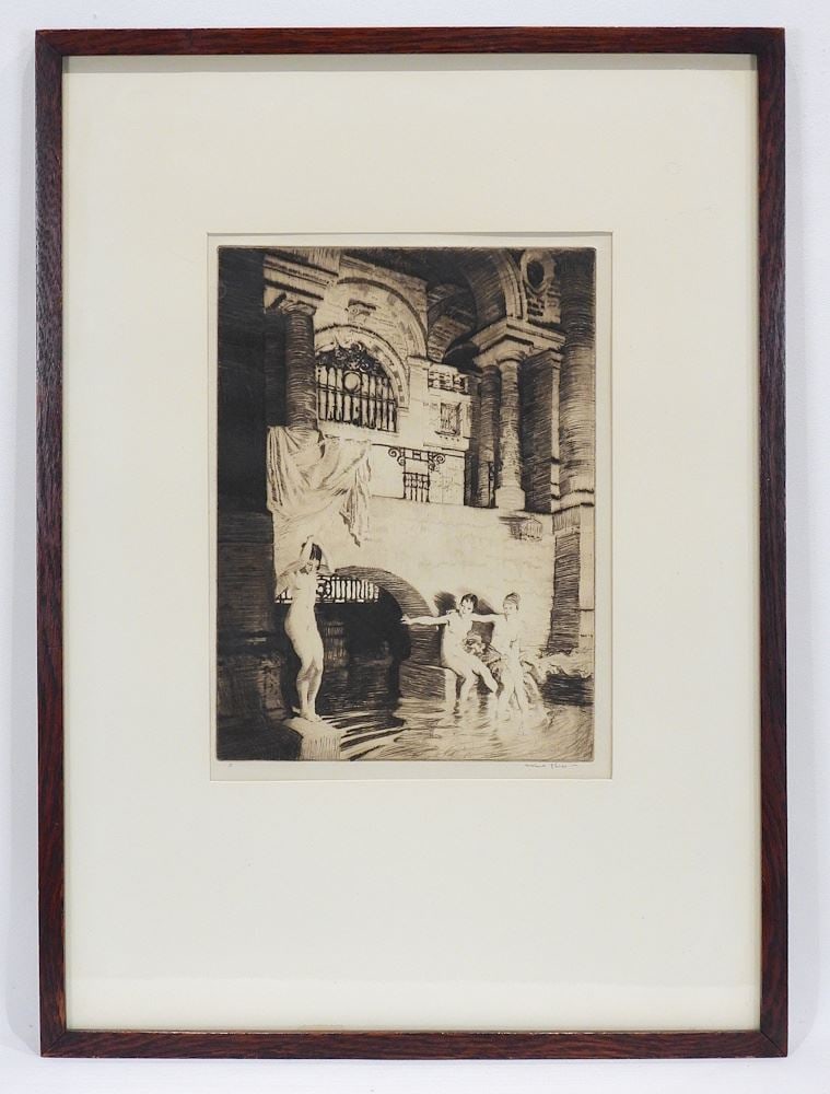 Drypoint Etching signed W. (William) Russell Flint, Plate 10 1/4 x 7 5/8" "Bagnodella Marchesa".: Drypoint Etching signed W. (William) Russell Flint, Plate 10 1/4 x 7 5/8" "Bagnodella Marchesa".
