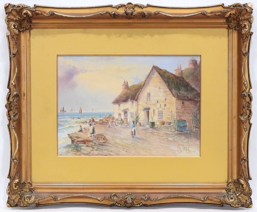 Watercolour signed J.C. Uren, 9 x 12 1/2", "Coastal Village Scene". (1 of 3)