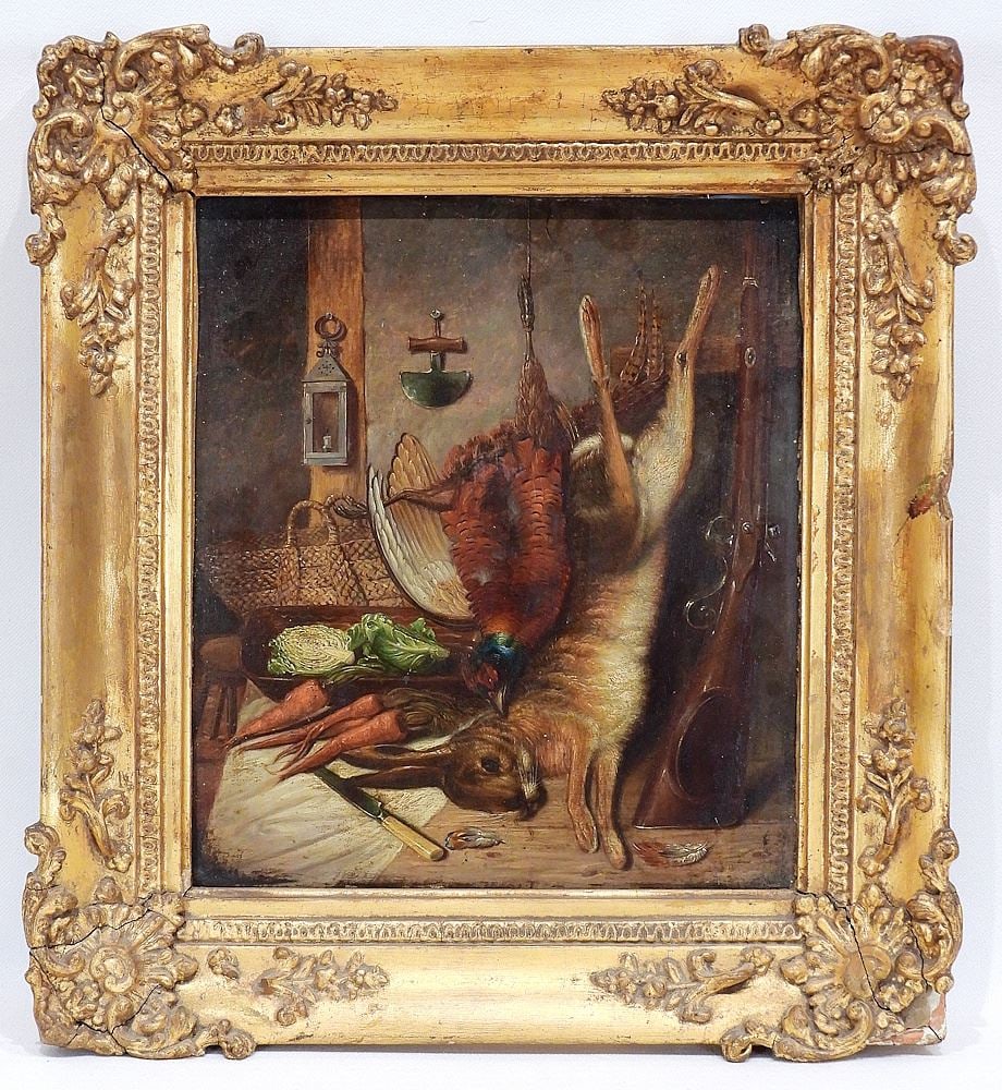 European School 19th C. Oil on Board, 9 1/4 x 8 1/4", "Natur Mort" w/Rabbit & Pheasant.: European School 19th C. Oil on Board, 9 1/4 x 8 1/4", "Natur Mort" w/Rabbit & Pheasant.