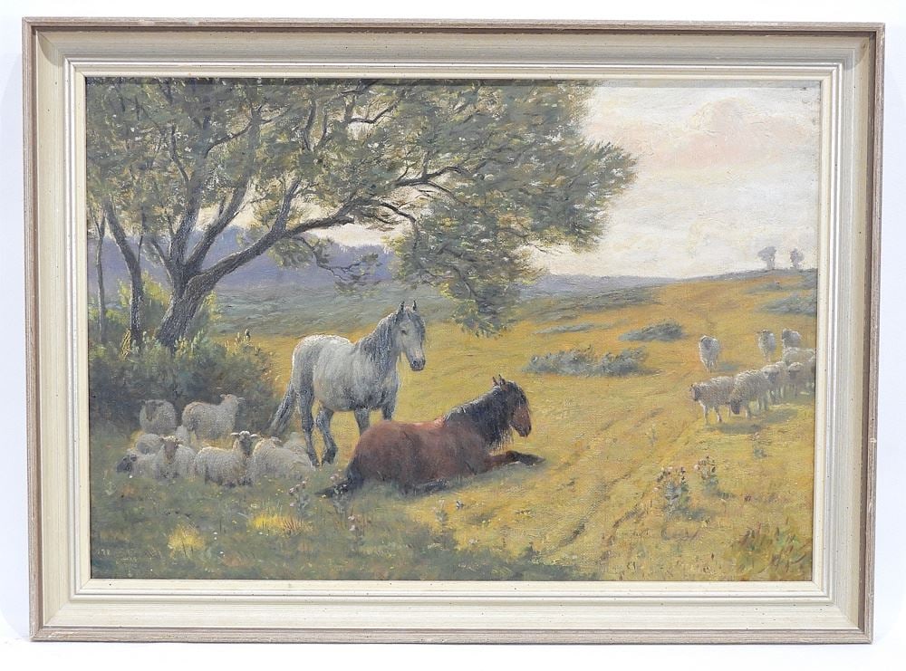 Oil painting Indistinctly Signed Verso, 15" x 21 1/2", "Horse & Sheep In Pasture": Oil painting Indistinctly Signed Verso, 15" x 21 1/2", "Horse & Sheep In Pasture"