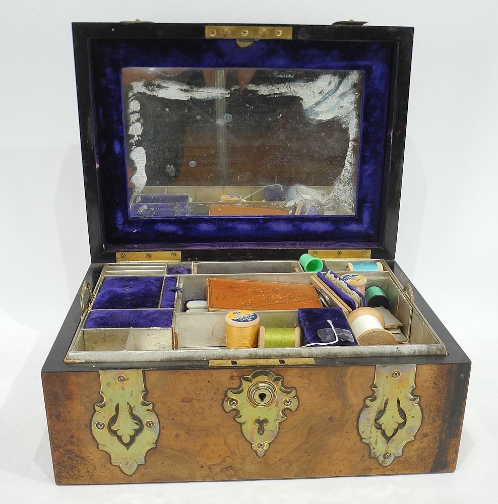 Mid 19th C. Brass Strapwork & Walnut Sewing Box, 5 1/2 x 12 x 8 7/8". (1 of 6)
