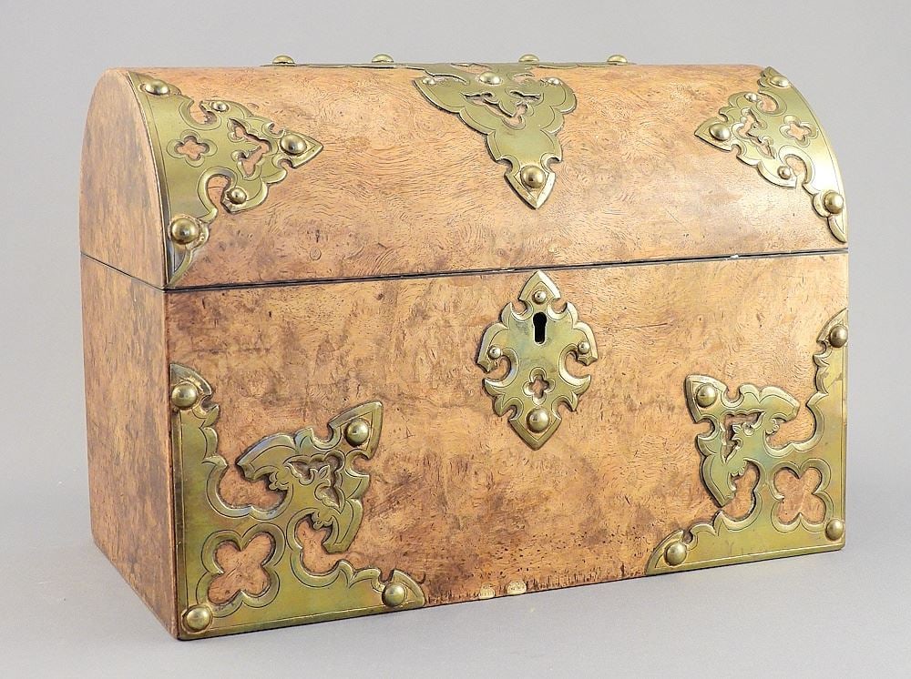 Mid 19th C. Brass Strapwork & Walnut Stationary Box, 6 3/4 x 9 1/4 x 5". (1 of 5)