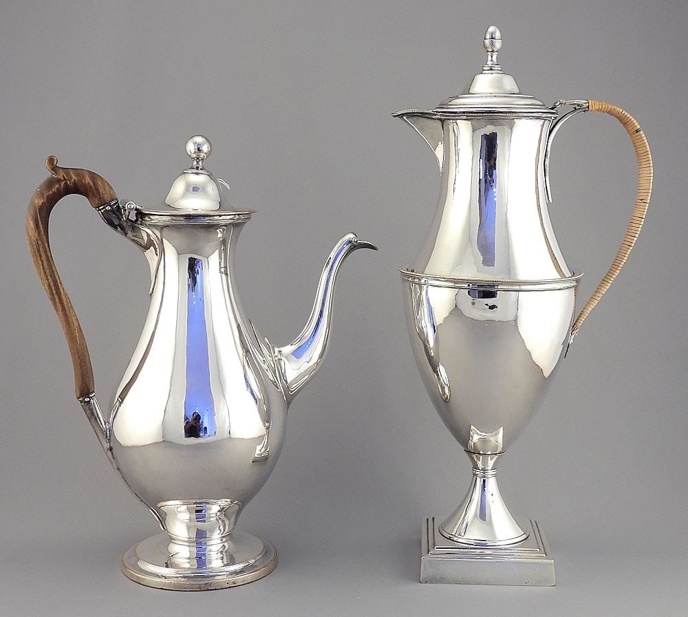 Old Sheffield Plate Coffee & Hot Water Pots, 11 & 13 1/2"h. (1 of 3)