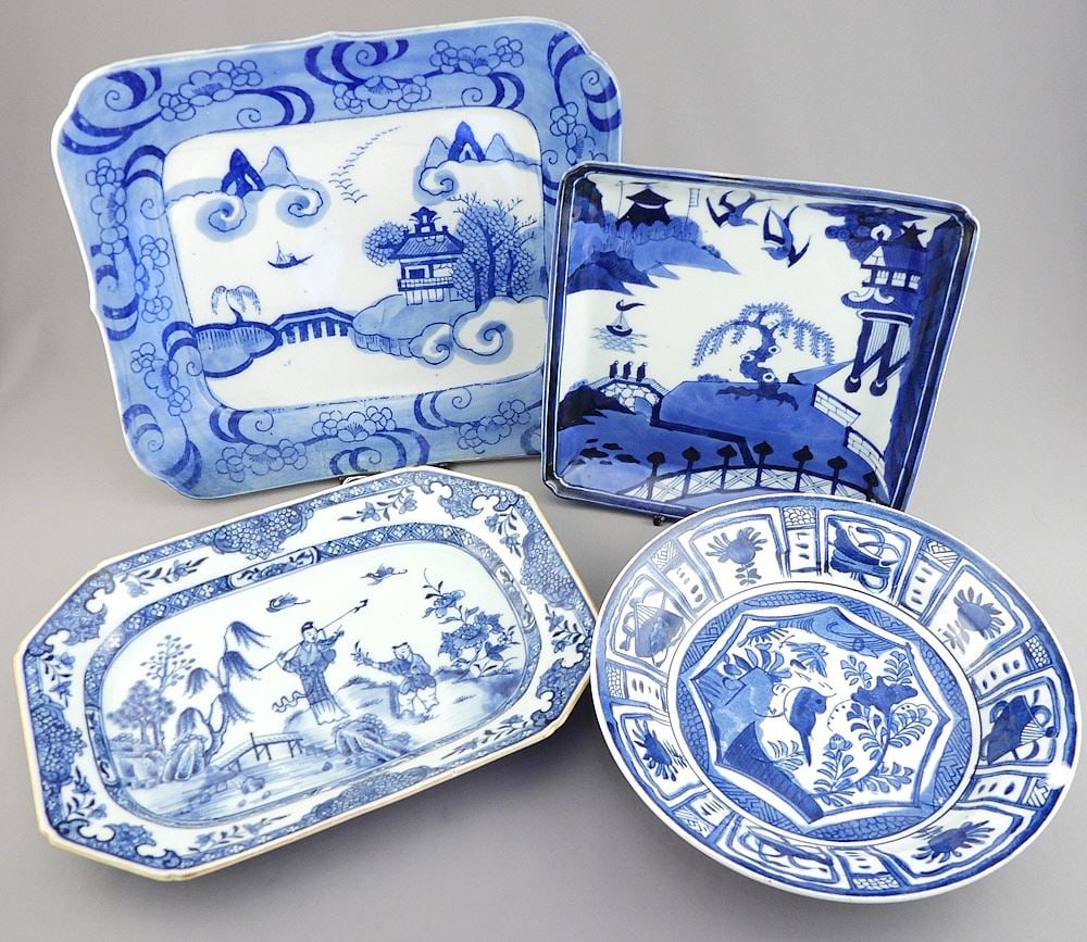 Chinese Export Porcelain Platter (10 1/8"L) w/Three Other Blue & White Dishes (chipped). (1 of 5)