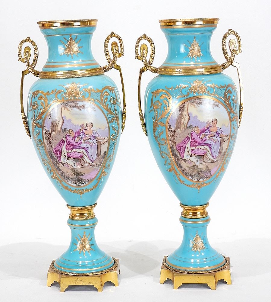 Pair of Sevres Style Bleu Celeste Porcelain Vases, 16 1/4"h (covers lacking). (1 of 4)
