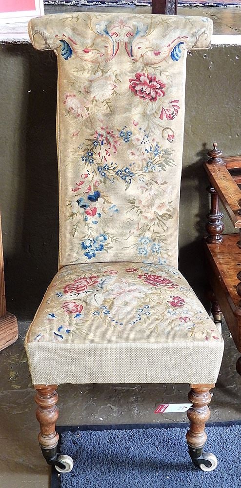 19th C. Mahogany Prie Dieu with All-Over Needlepoint & Porcelain Casters, 33 1/2"h. (1 of 2)