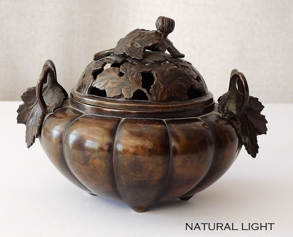 Japanese Meiji Bronze Melon Form Censer, 4 1/2"h, 660g.: Japanese Meiji Bronze Melon Form Censer, 4 1/2"h, 660g.
