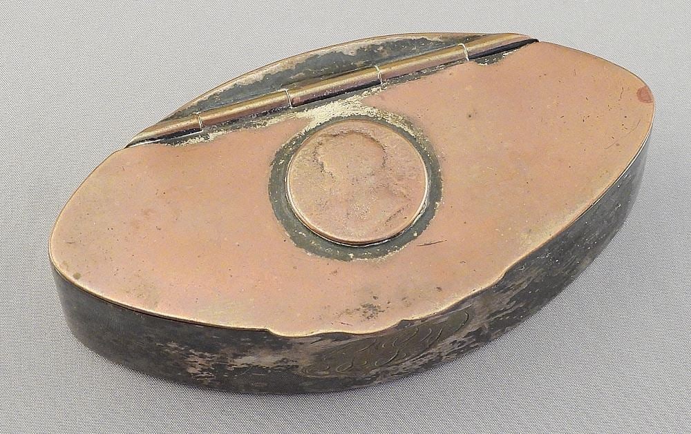 Old Sheffield Plate Snuff Box, 4"L (showing copper). (1 of 3)
