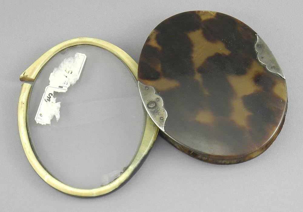 Antique Unmarked Silver Mounted Tortoiseshell & Horn Magnifying Glass, 3 3/4"L. (1 of 7)