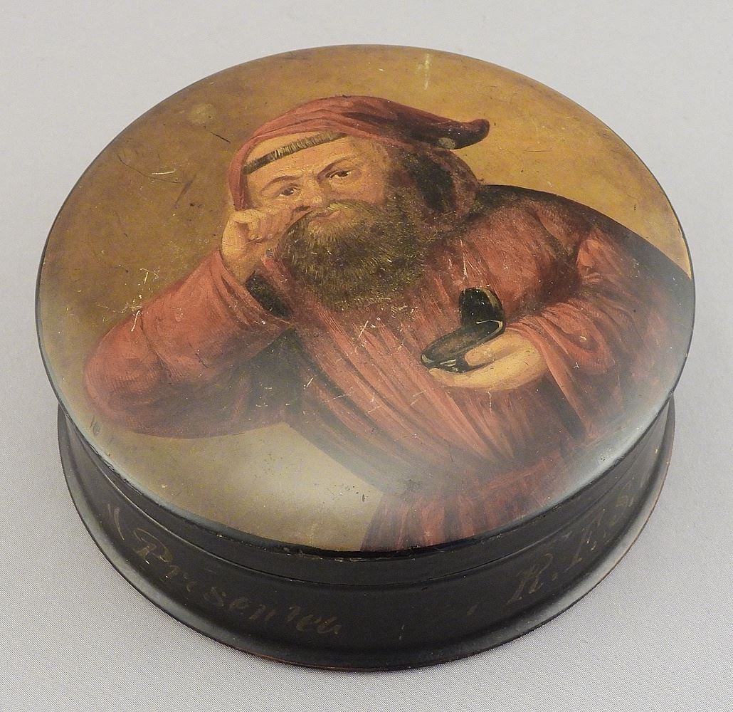 19th C. "Snuff Taker" Snuff Box w/ Inscription, 1 3/4 x 5" Diam. (interior chipped).: 19th C. "Snuff Taker" Snuff Box w/ Inscription, 1 3/4 x 5" Diam. (interior chipped).