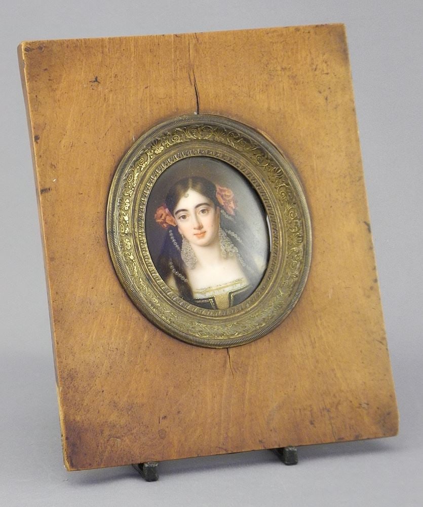 19th C. Porcelain Portrait Miniature of a Beauty, 2 3/8"h.: 19th C. Porcelain Portrait Miniature of a Beauty, 2 3/8"h.