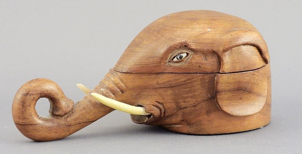 19th C. Carved Hardwood "Elephant" Inkwell, 5 1/4"L. (1 of 3)