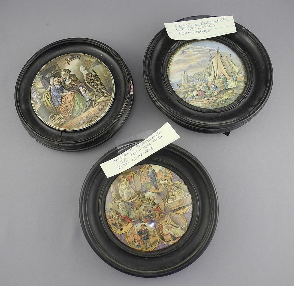 Three 19th C. Pratt Ware Pot Lids (4 1/8" diam), Framed. (1 of 3)