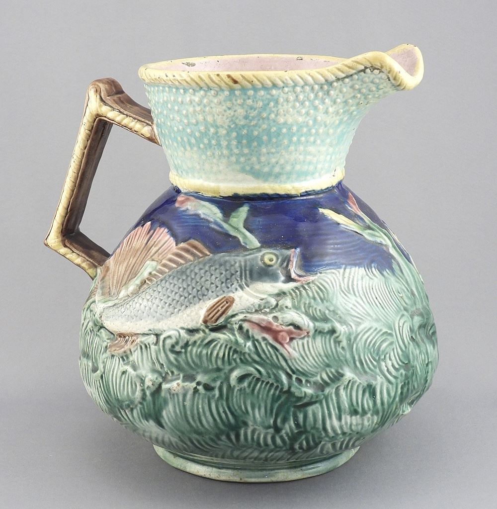 English Majolica "Fish & Shell" Pitcher, 8 3/8"h.: English Majolica "Fish & Shell" Pitcher, 8 3/8"h.