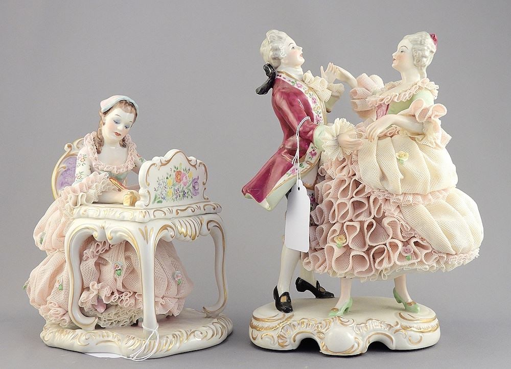 2 Irish Dresden Porcelain Figurines, "Vienna Waltz" & "The Love Letter", 8 1/2" Tallest.: 2 Irish Dresden Porcelain Figurines, "Vienna Waltz" & "The Love Letter", 8 1/2" Tallest.