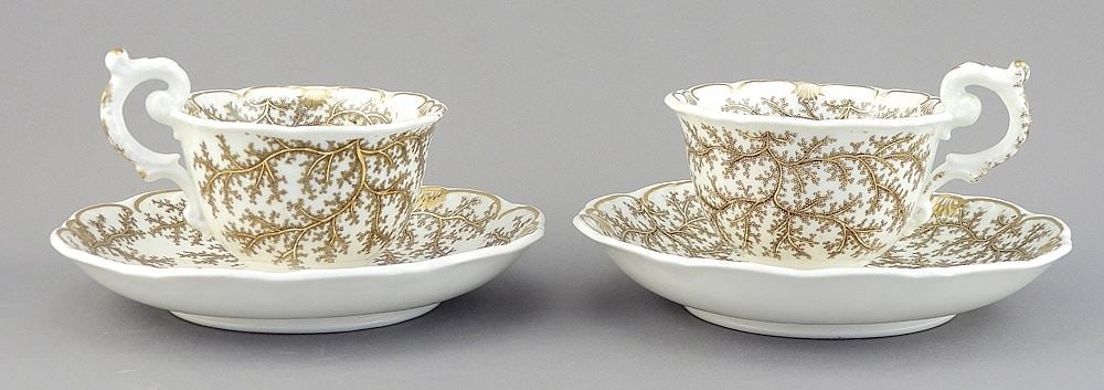 Pair of Davenport Pottery Seaweed Style Tea Cups & Saucers C.1875.: Pair of Davenport Pottery Seaweed Style Tea Cups & Saucers C.1875.
