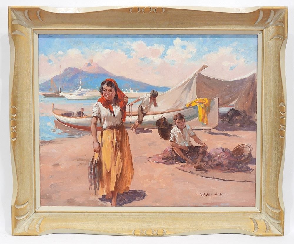 Oil on Canvas signed Vizkeleti W.E. (Witman Etelka), 16 x 20", "Life on The Mediterranean".: Oil on Canvas signed Vizkeleti W.E. (Witman Etelka), 16 x 20", "Life on The Mediterranean".