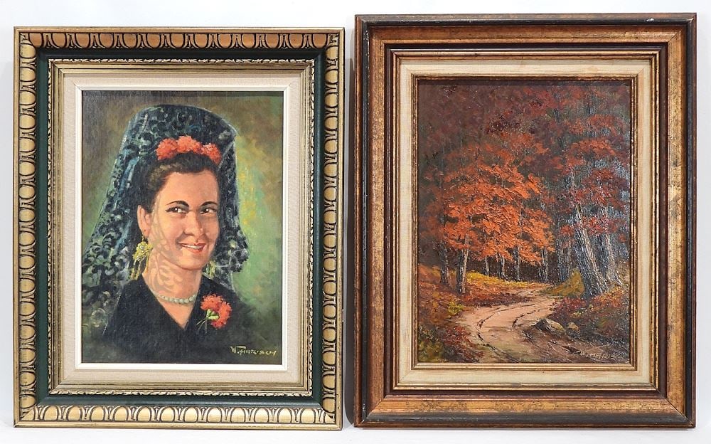 Two Oil on Canvas & Board signed W. (William) Harisch, 16 x 12" "Spanish Woman" & "Autumned...".: Two Oil on Canvas & Board signed W. (William) Harisch, 16 x 12" "Spanish Woman" & "Autumned...".