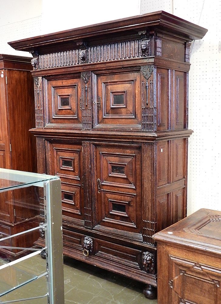Late 18th C. Continental Oak Panel Cupboard w/Mask Features. (1 of 3)