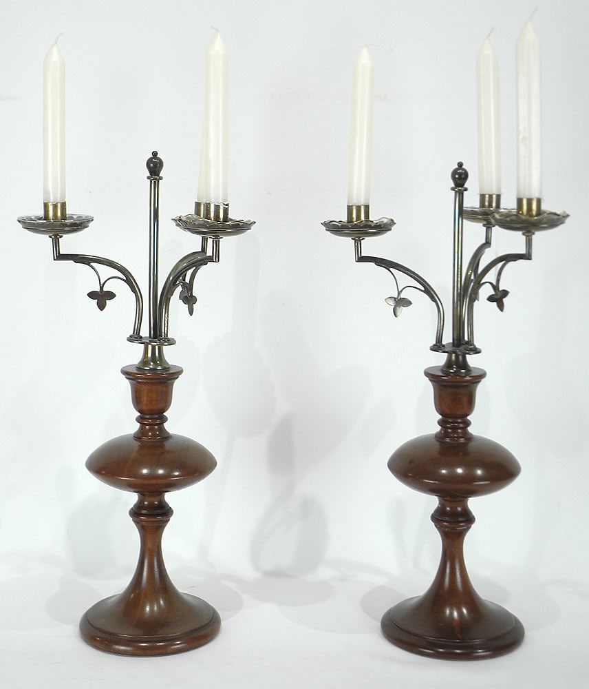 Pair of Turned Wood & Brass Candelabra, 18 1/2"h. (1 of 4)