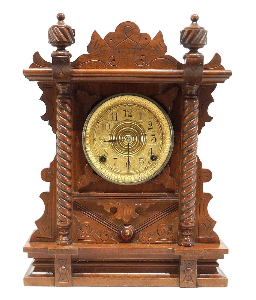 Late 19th C. Walnut Mantle Clock, Possibly Watersbury or Ansonia, w/ Key & Pend, 16 1/4"h. (1 of 3)