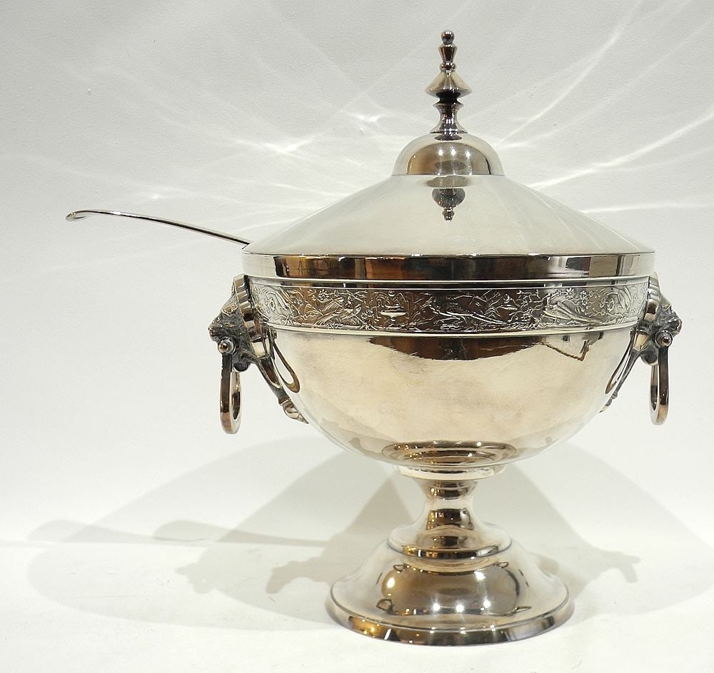Electro Plated Lion Mask Soup Tureen & Ladle, 14"h.: Electro Plated Lion Mask Soup Tureen & Ladle, 14"h.