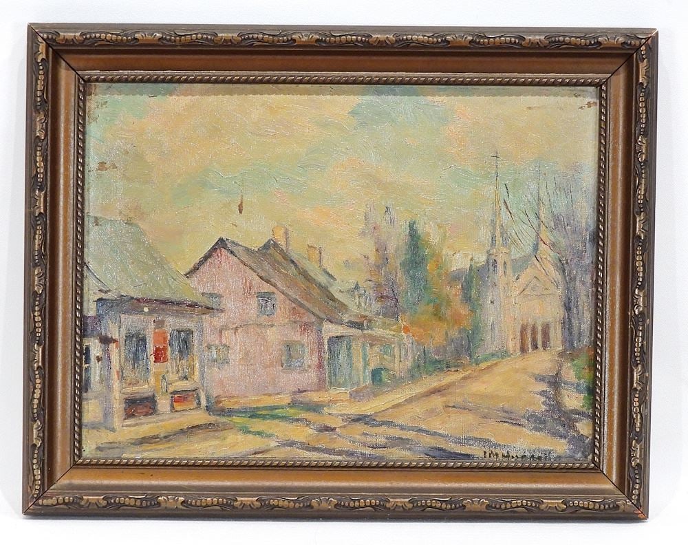 Oil on Canvas Board signed Indistinctly, 9 1/4 x 12 1/2", Village Scene w/Church, Q (1 of 2)