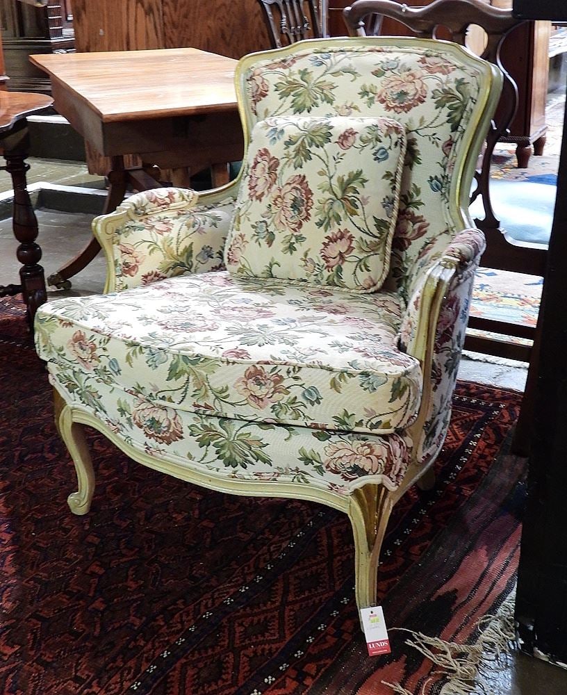 French Grey Painted Louis XV Bergere Chair w/Cushion, 33 3/4"h. (1 of 2)