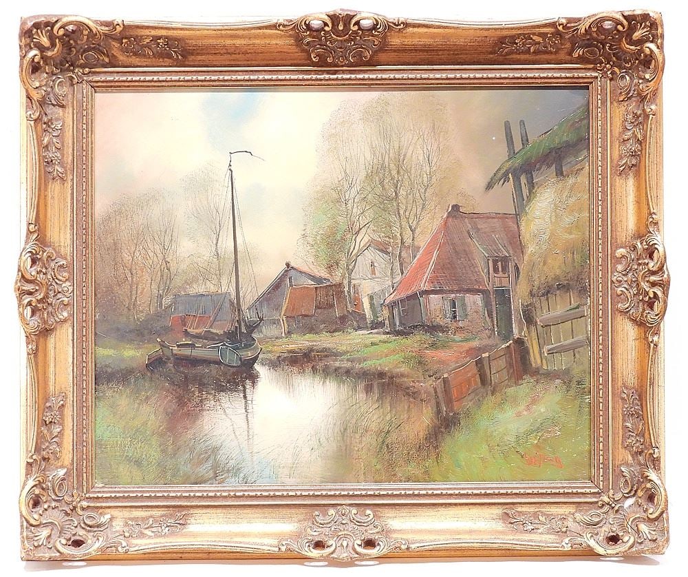 Oil on Board signed (Lambertus) DeJong, 16 x 19 3/8", "Canal Scene w/Cottages".: Oil on Board signed (Lambertus) DeJong, 16 x 19 3/8", "Canal Scene w/Cottages".