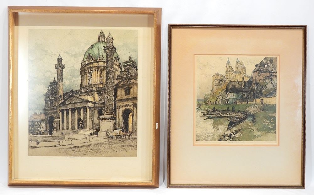 Two Etchings w/Aquatint signed Luigi Kasimir, Larger 23 x 19", "European Scenes". (1 of 5)