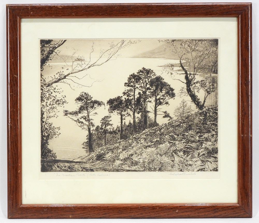 Etching signed A. (Andrew) Watson Turnbull, 9 1/2 x 12" "The Broken Bank".: Etching signed A. (Andrew) Watson Turnbull, 9 1/2 x 12" "The Broken Bank".
