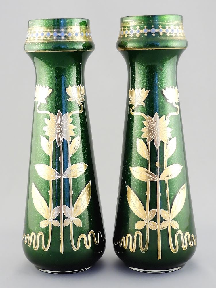 Pair of Green & Gilt Art Nouveau Vases with Aventurine Inclusions, 10"h.: Pair of Green & Gilt Art Nouveau Vases with Aventurine Inclusions, 10"h.