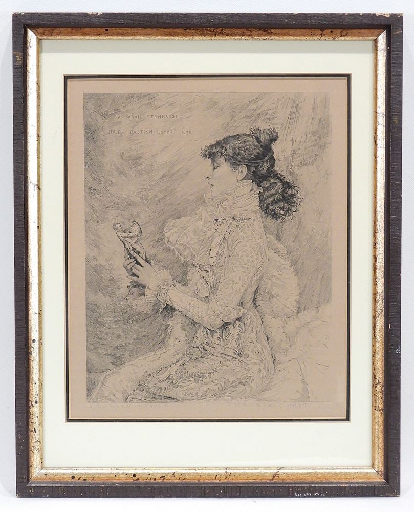 Etching signed J. (Jules) Bastien- LePage, 10 3/4 x 8 3/4", "Sarah Bernhardt", 1879. (1 of 4)