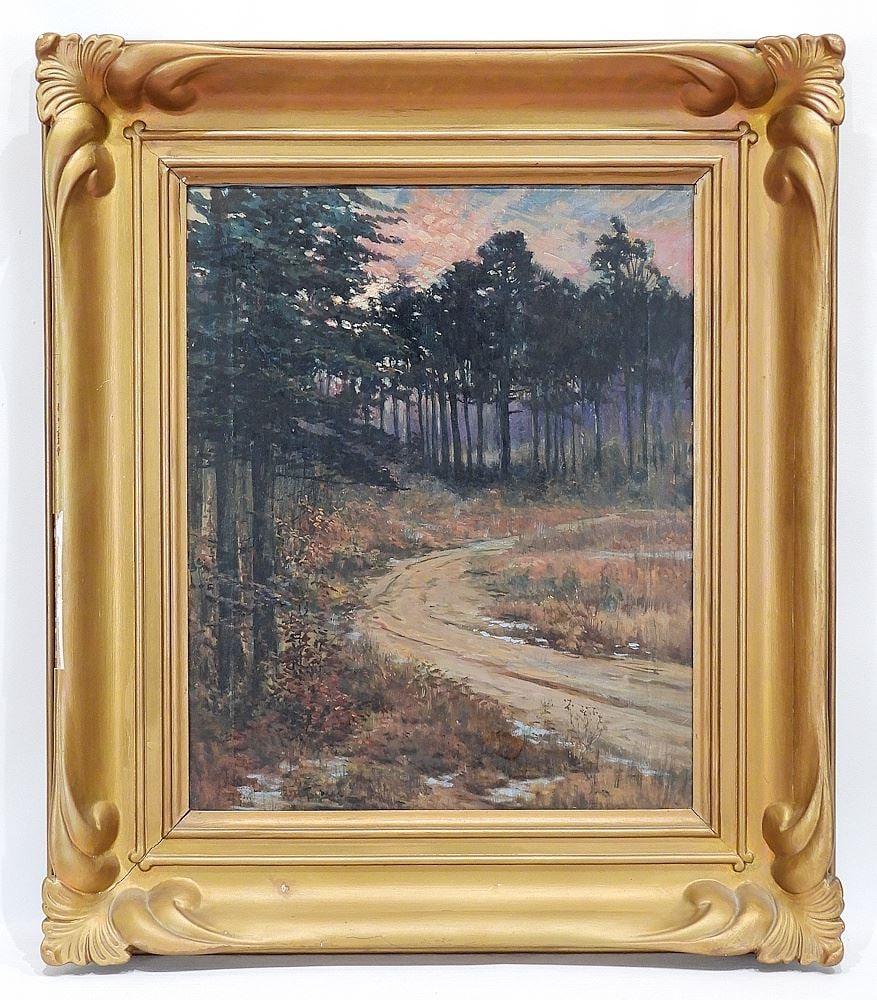 Unsigned Oil on Canvas Canadian School, 21 3/8 x 17", "Curve in a Forested Roadway". (1 of 2)