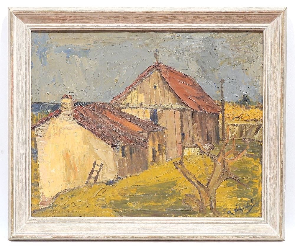 Oil on Linen signed R. (Robert) Vignal, 19 1/2 x 24", "Nature Morte No.15" (resto. noted).: Oil on Linen signed R. (Robert) Vignal, 19 1/2 x 24", "Nature Morte No.15" (resto. noted).