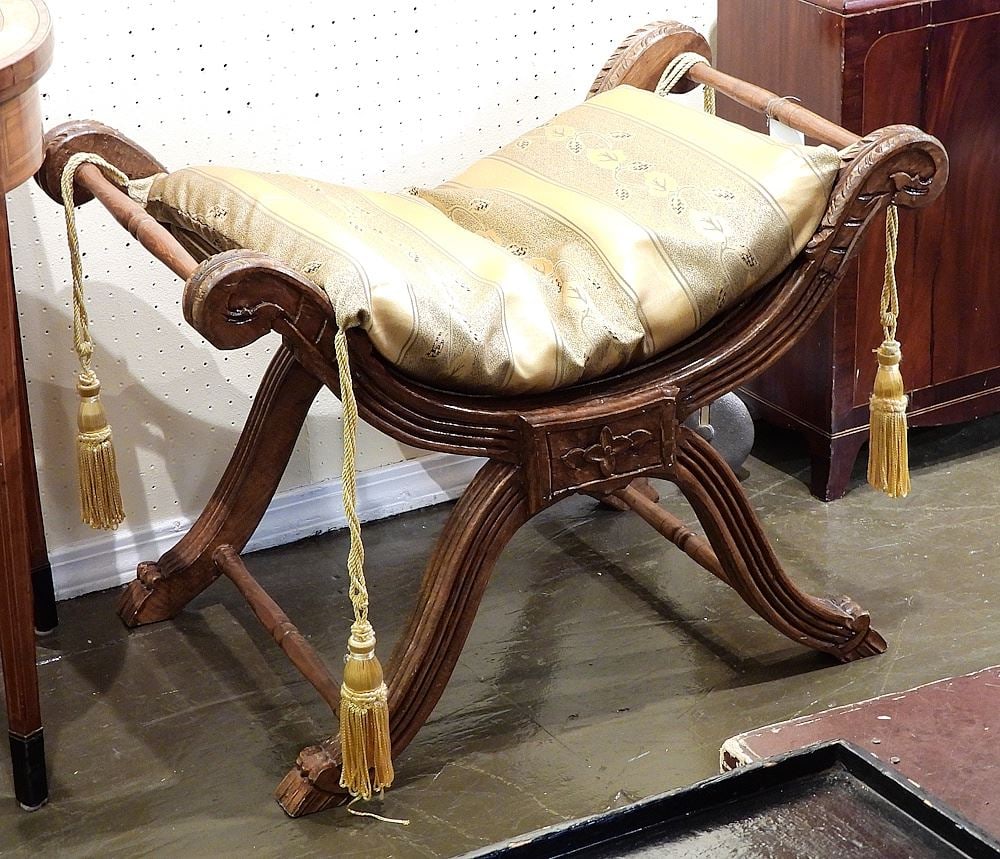 European Carved Hardwood Window Seat w/Recent Upholstery, 22 1/2"h. (1 of 3)