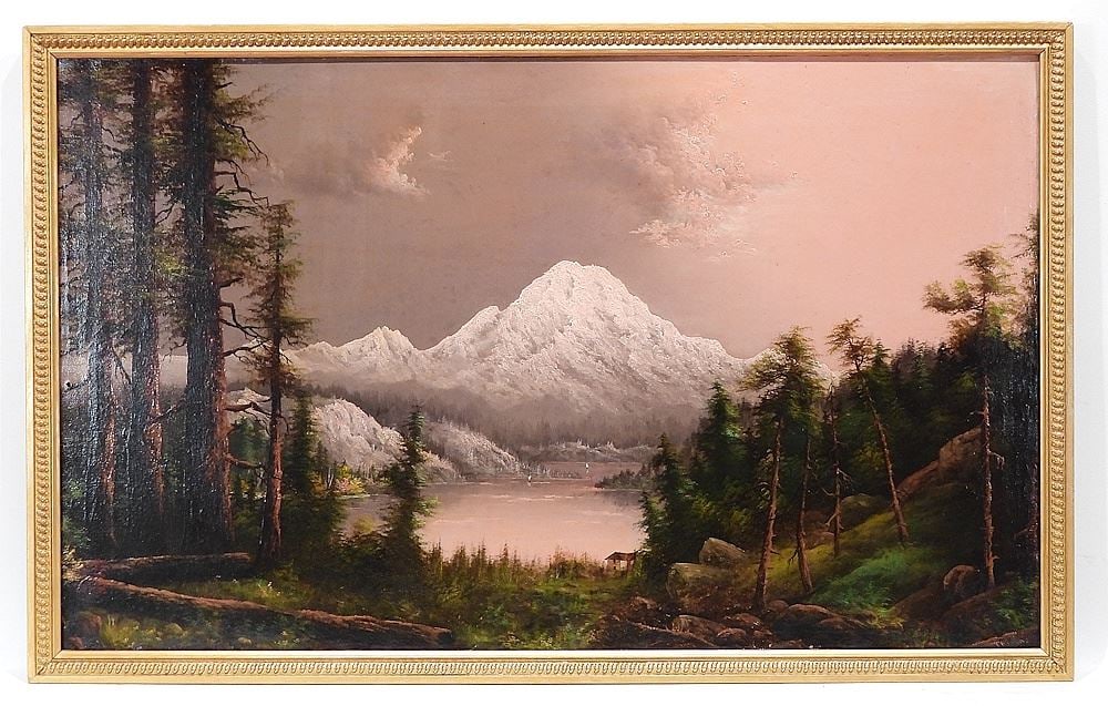 Oil on Canvas signed Thomas, 22 x 36 ", "Lake Vista w/Mountain in Distance". (1 of 4)