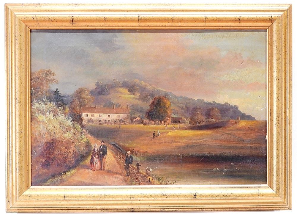 English School Mid 19th C. Oil on Canvas, 14 x 21", "Summer Pursuits".: English School Mid 19th C. Oil on Canvas, 14 x 21", "Summer Pursuits".