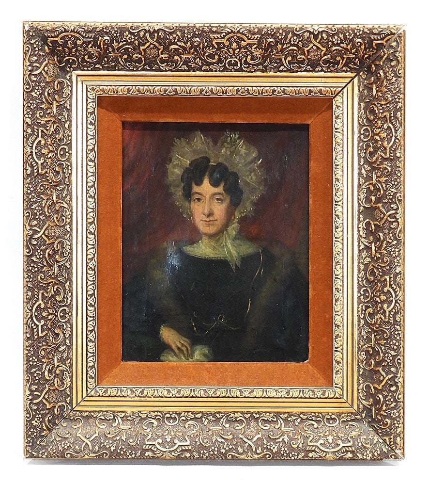 European School 19th C. Oil on Canvas, 10 x 8" "Portrait of a Lady In Lace Bonet".: European School 19th C. Oil on Canvas, 10 x 8" "Portrait of a Lady In Lace Bonet".