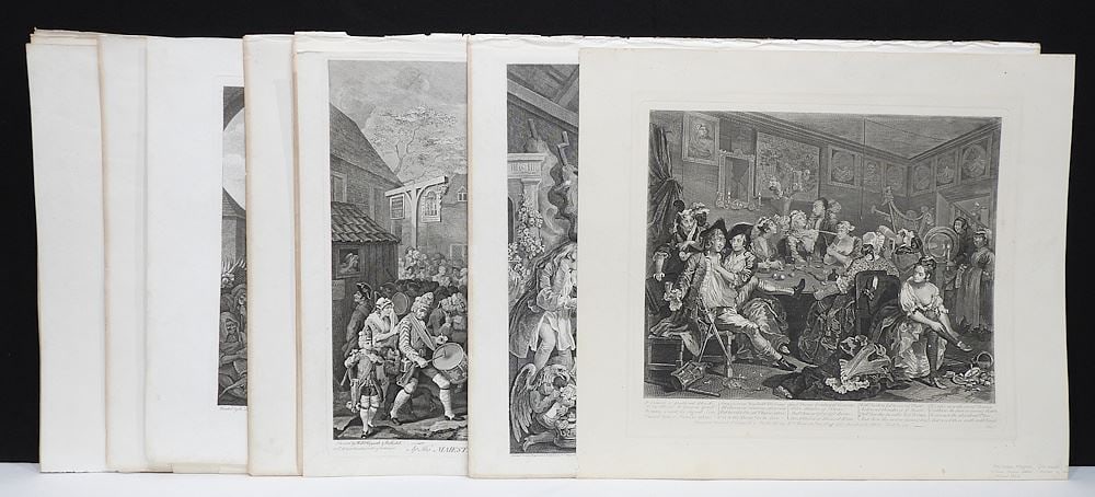 Seven WM. Hogarth Engravings & Interpretive Leaves, Unframed. (1 of 3)