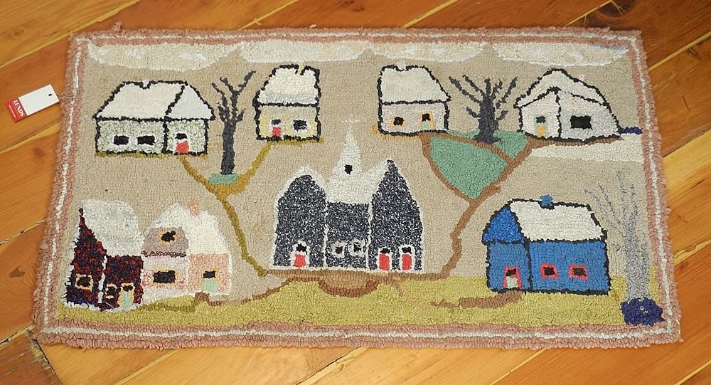 Early 20th C. Hooked Mat "Church & Village", 20 1/2 x 34". (1 of 2)