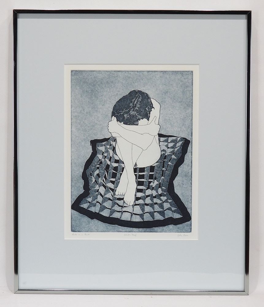 Tinted Etching signed John Benn, 12 5/8 x 9 1/4" "Nude on a Quilt", A/P.: Tinted Etching signed John Benn, 12 5/8 x 9 1/4" "Nude on a Quilt", A/P.