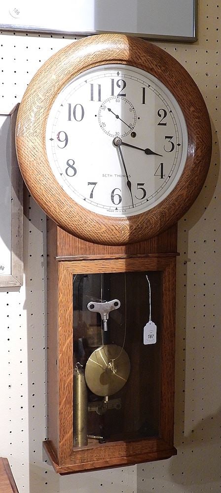 Seth Thomas Oak Schoolhouse Clock w/2 Keys & Pendulum, 36"h. (1 of 2)