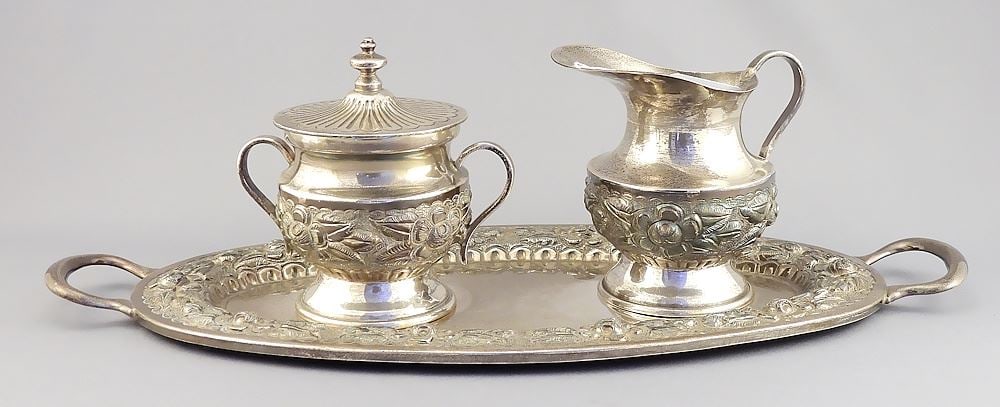 Mexican Silver Plated (marked 925) Cream Jug & Sugar Bowl on Stand, 1087g. (1 of 6)